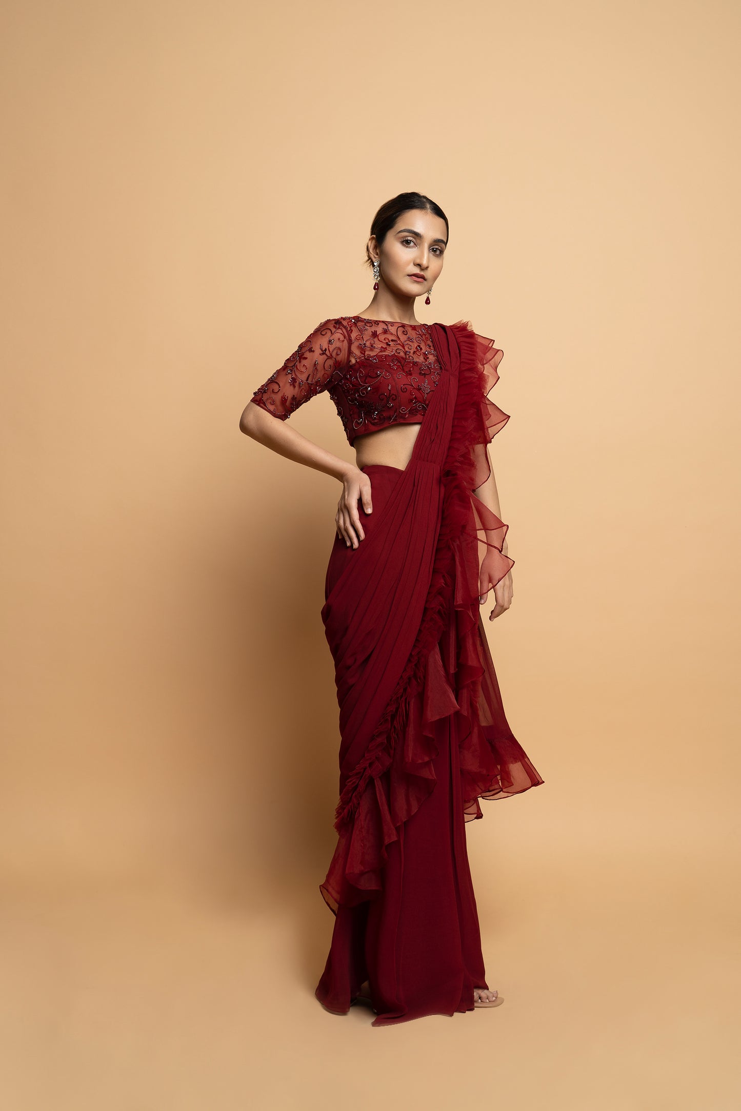 Dahlia Burgundy Pre Draped Saree