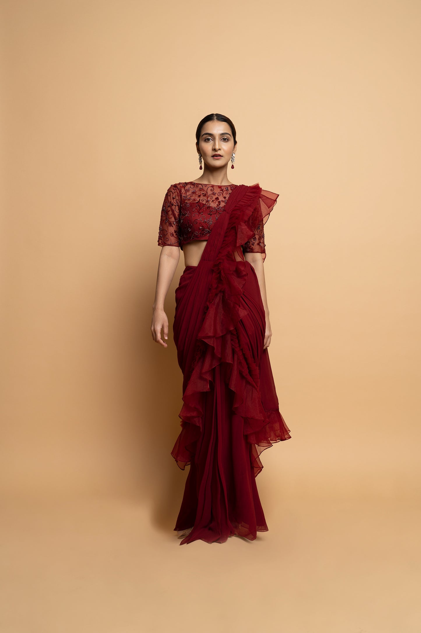 Dahlia Burgundy Pre Draped Saree
