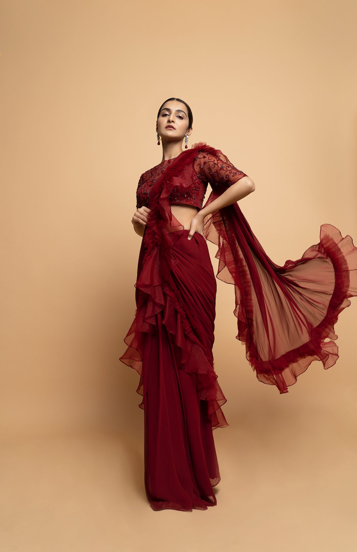 Dahlia Burgundy Pre Draped Saree