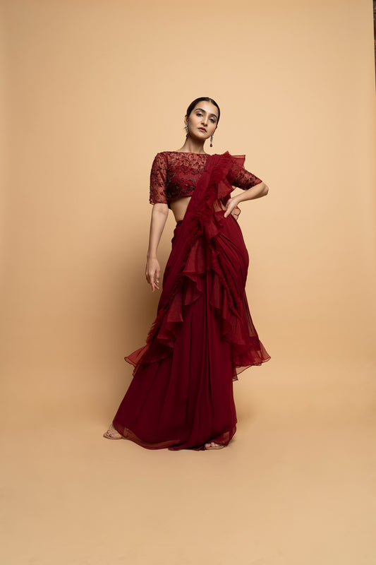 Dahlia Burgundy Pre Draped Saree