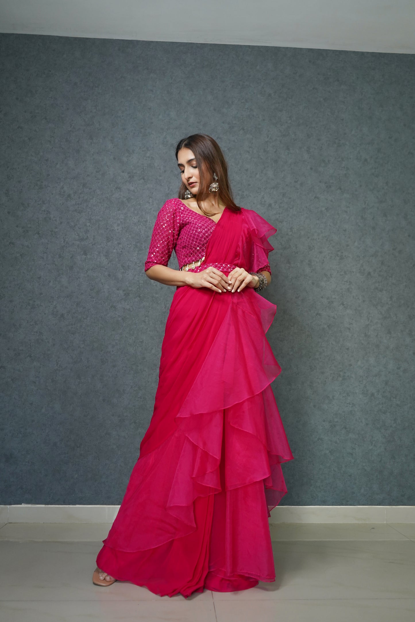 Pink Pre Draped Saree