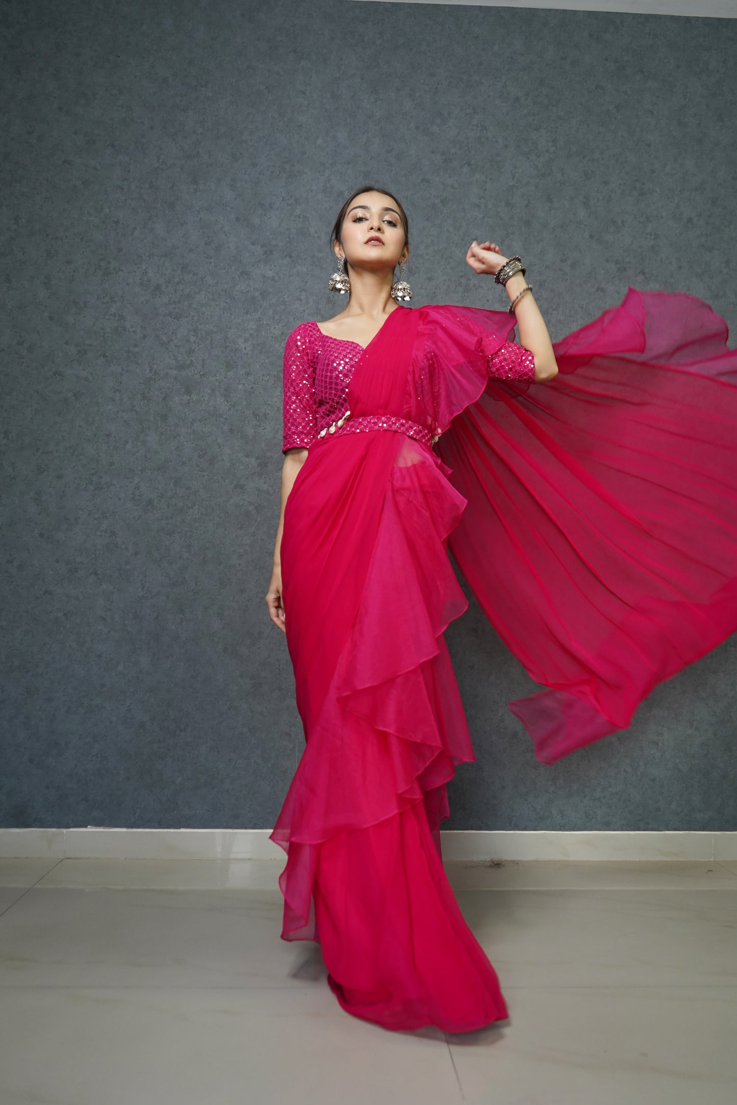Pink Pre Draped Saree