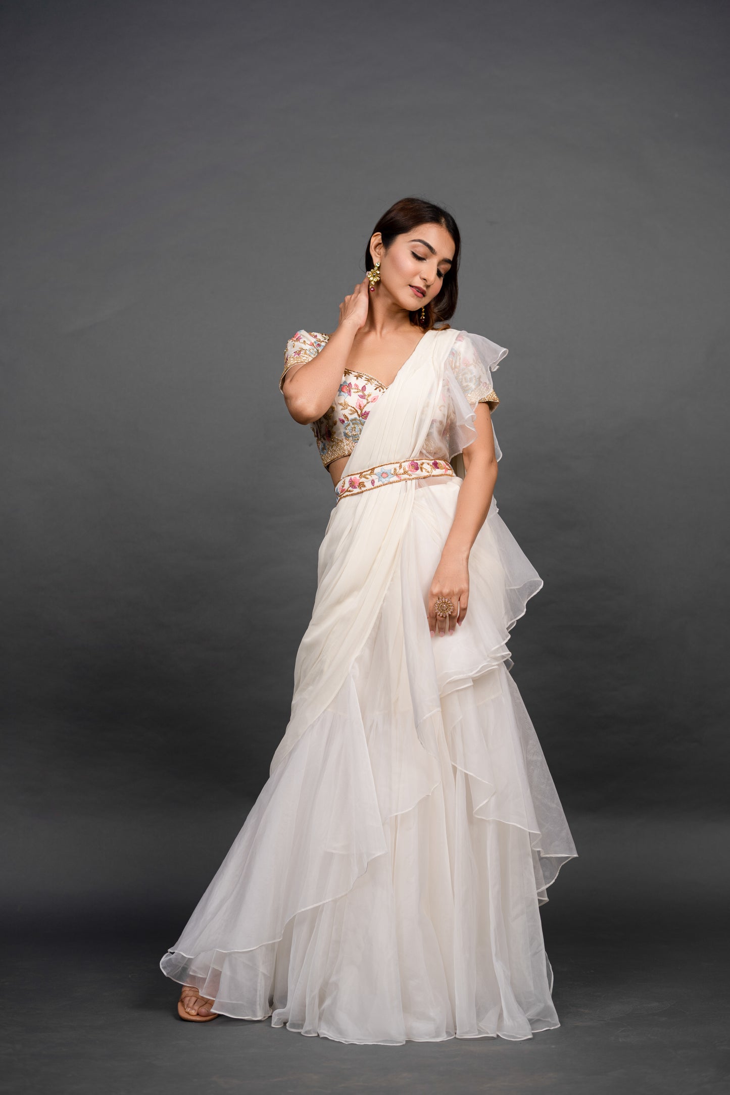 Vivacious White Pre draped Saree