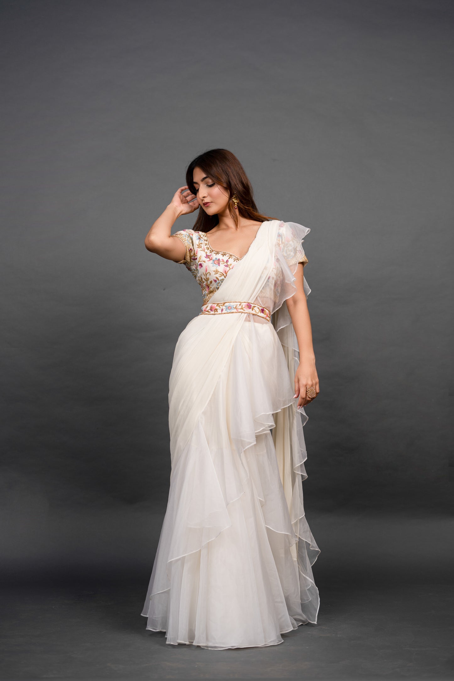 Vivacious White Pre draped Saree