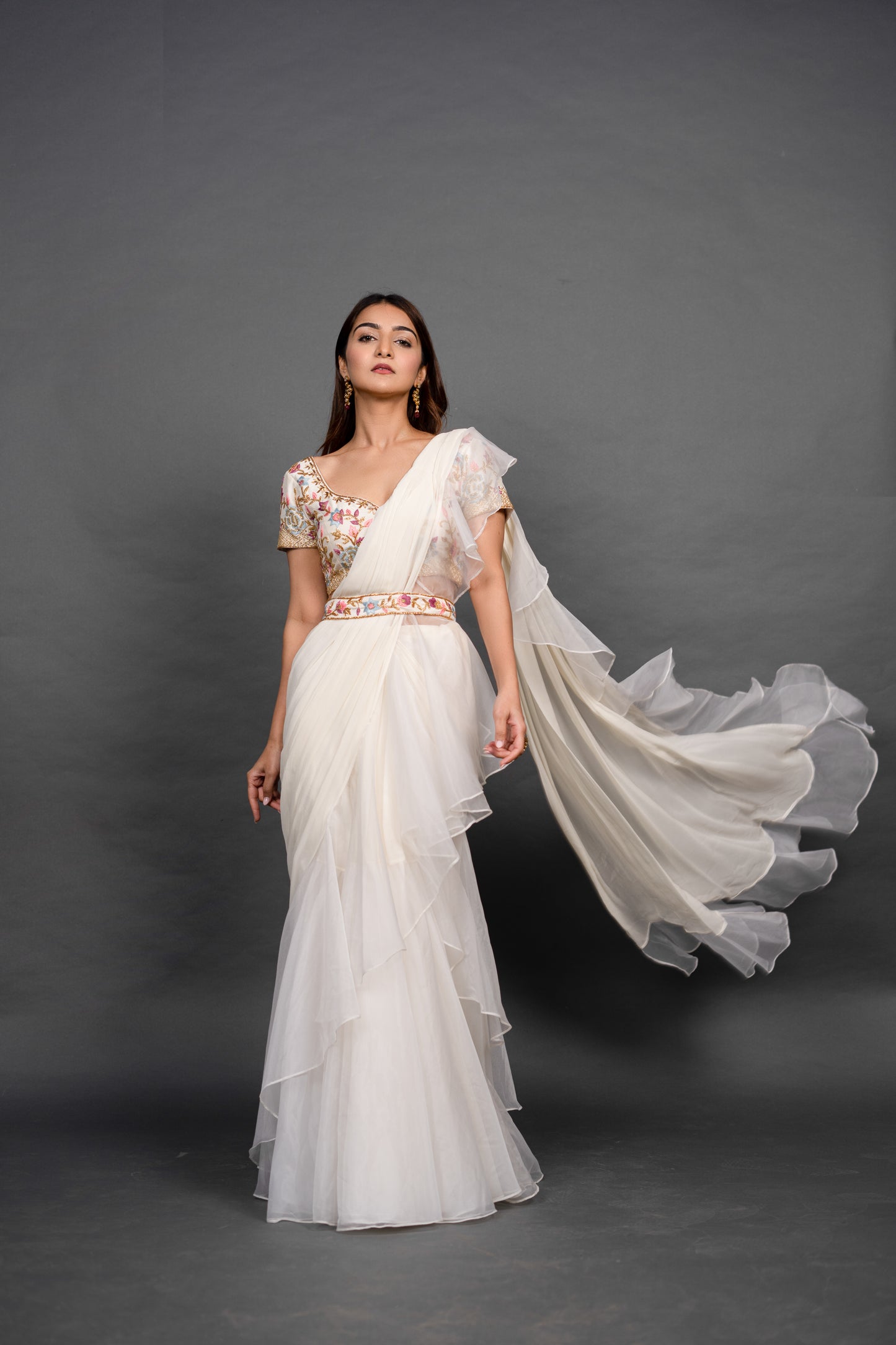 Vivacious White Pre draped Saree