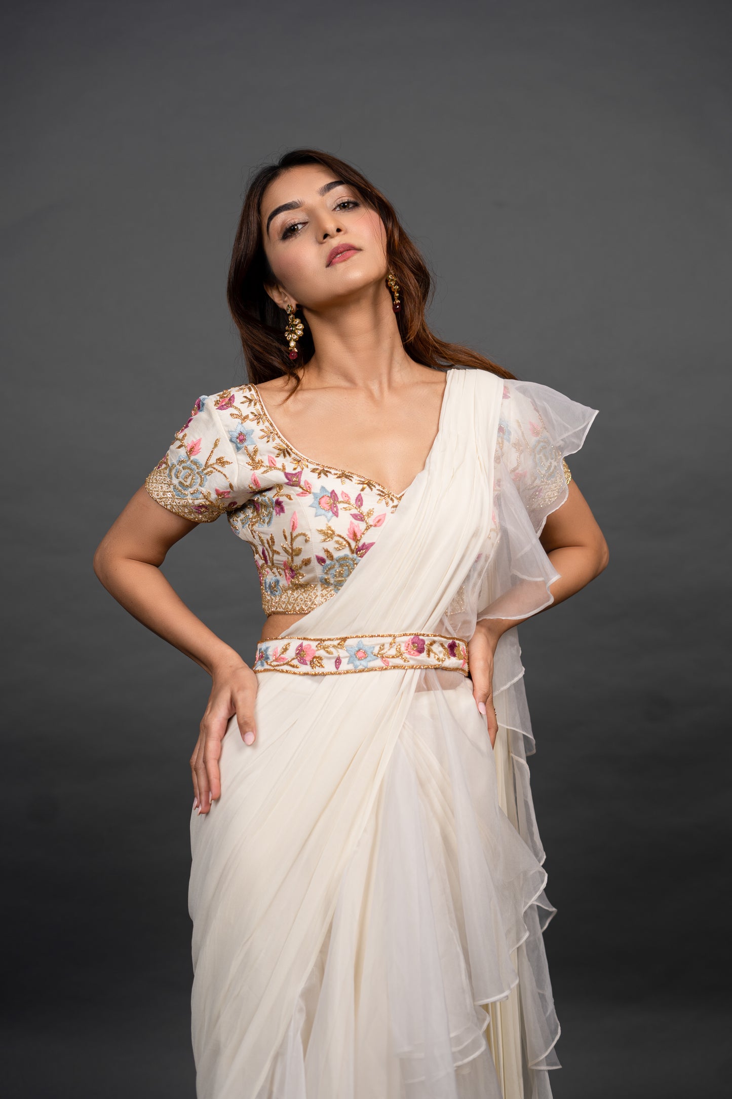 Vivacious White Pre draped Saree