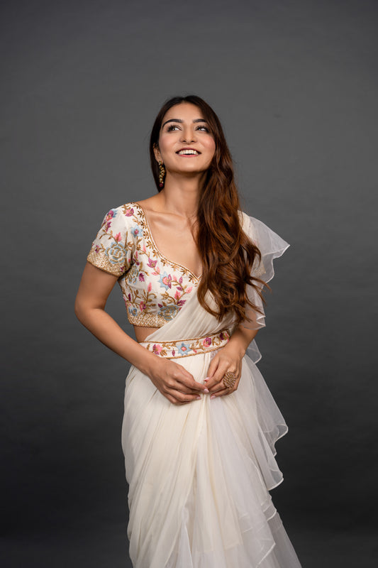 Vivacious White Pre draped Saree