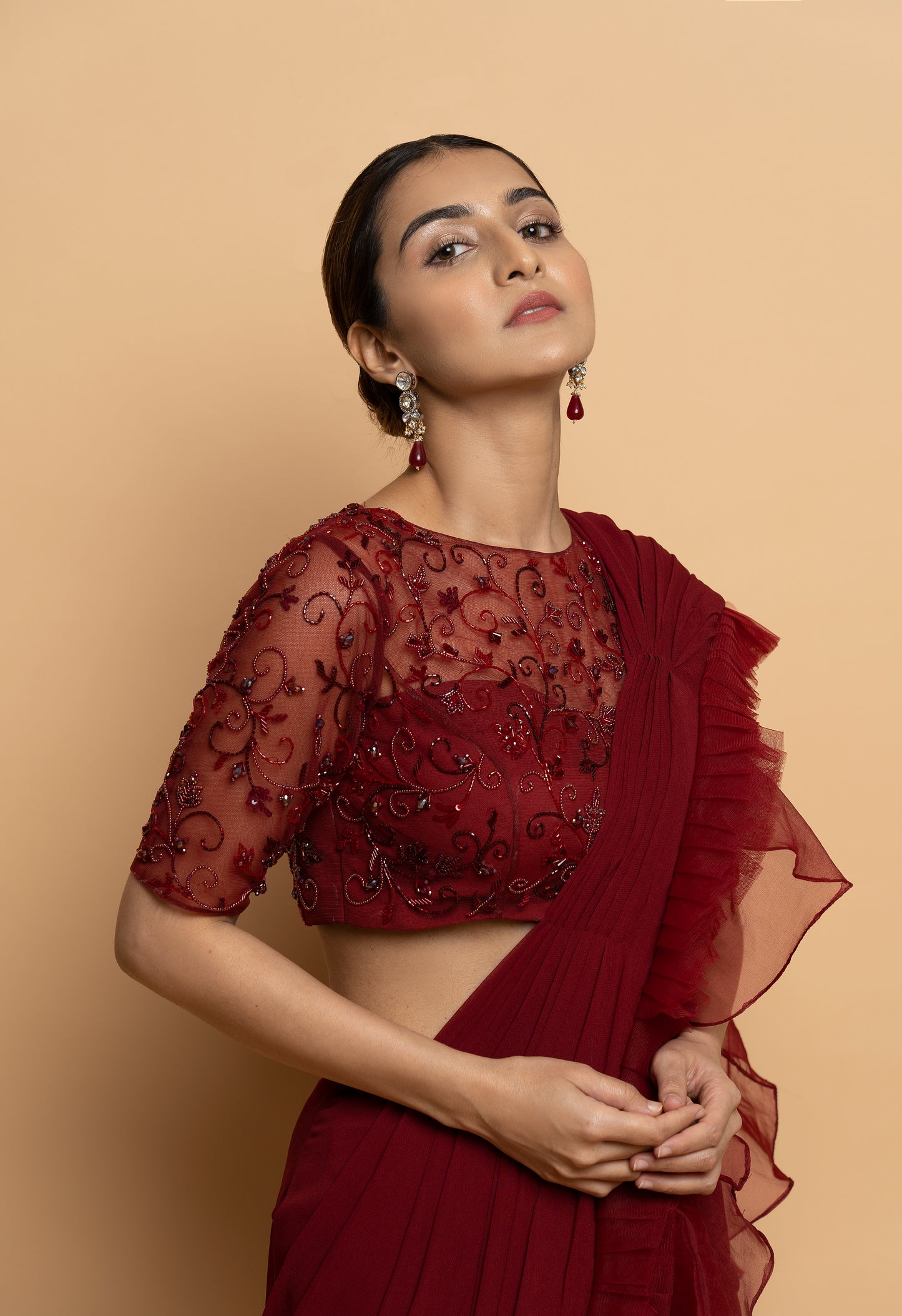 Dahlia Burgundy Pre Draped Saree