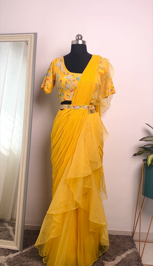 Sunshine Yellow Organza Ruffle Saree with Silk Embroidered Blouse
