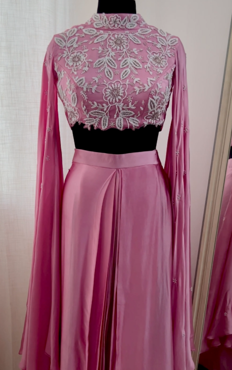 Rose Pink Embroidered Cape Skirt Set