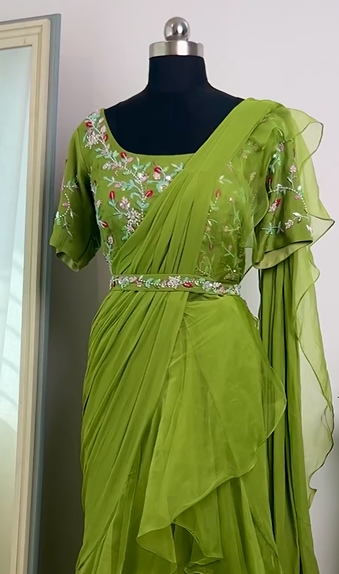 Peridot Green Ruffle Saree Set
