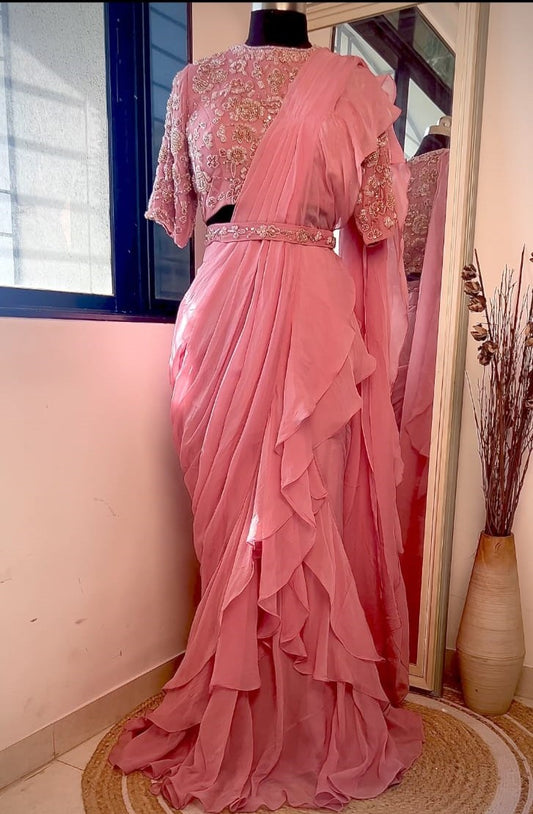 Flamingo pink pre-draped saree