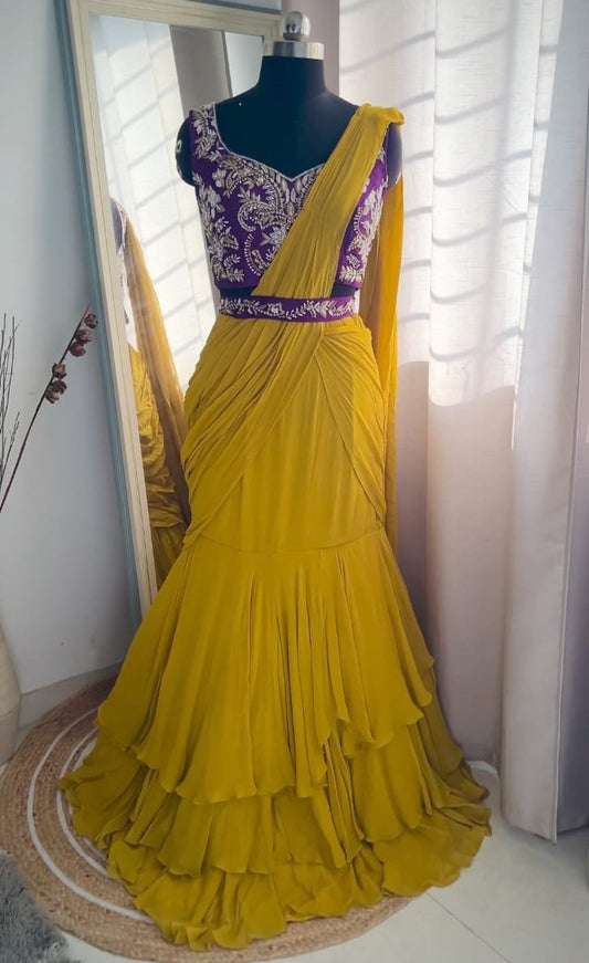 Musturd tiered saree