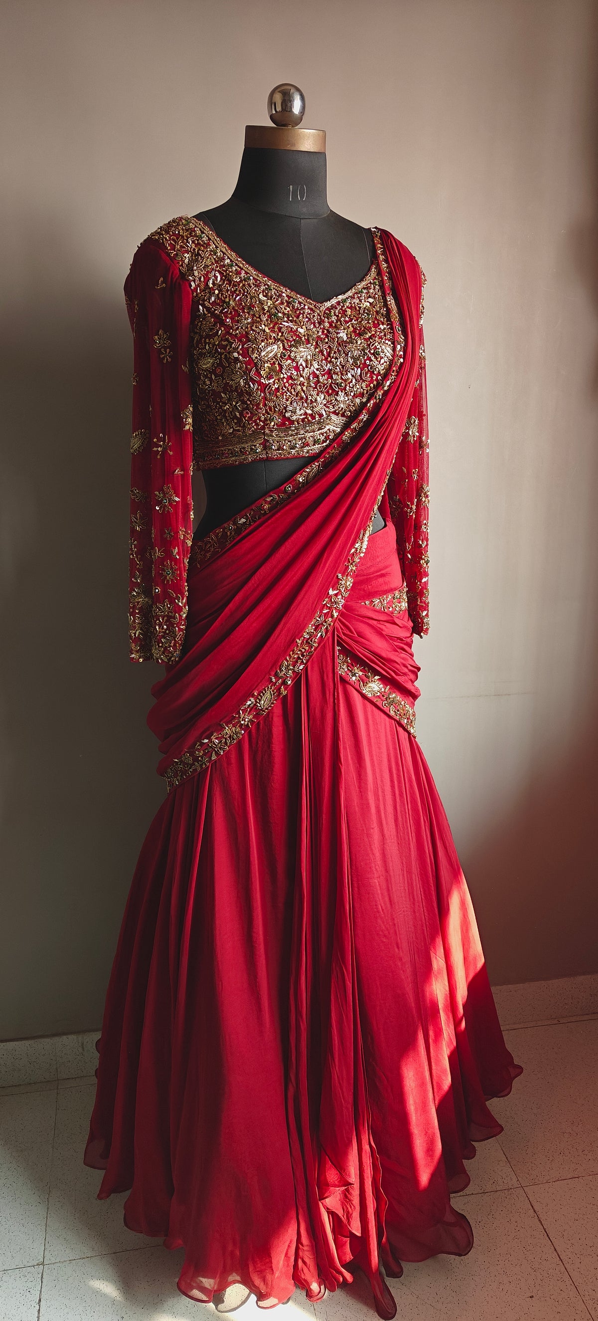 Crimson pre-draped saree
