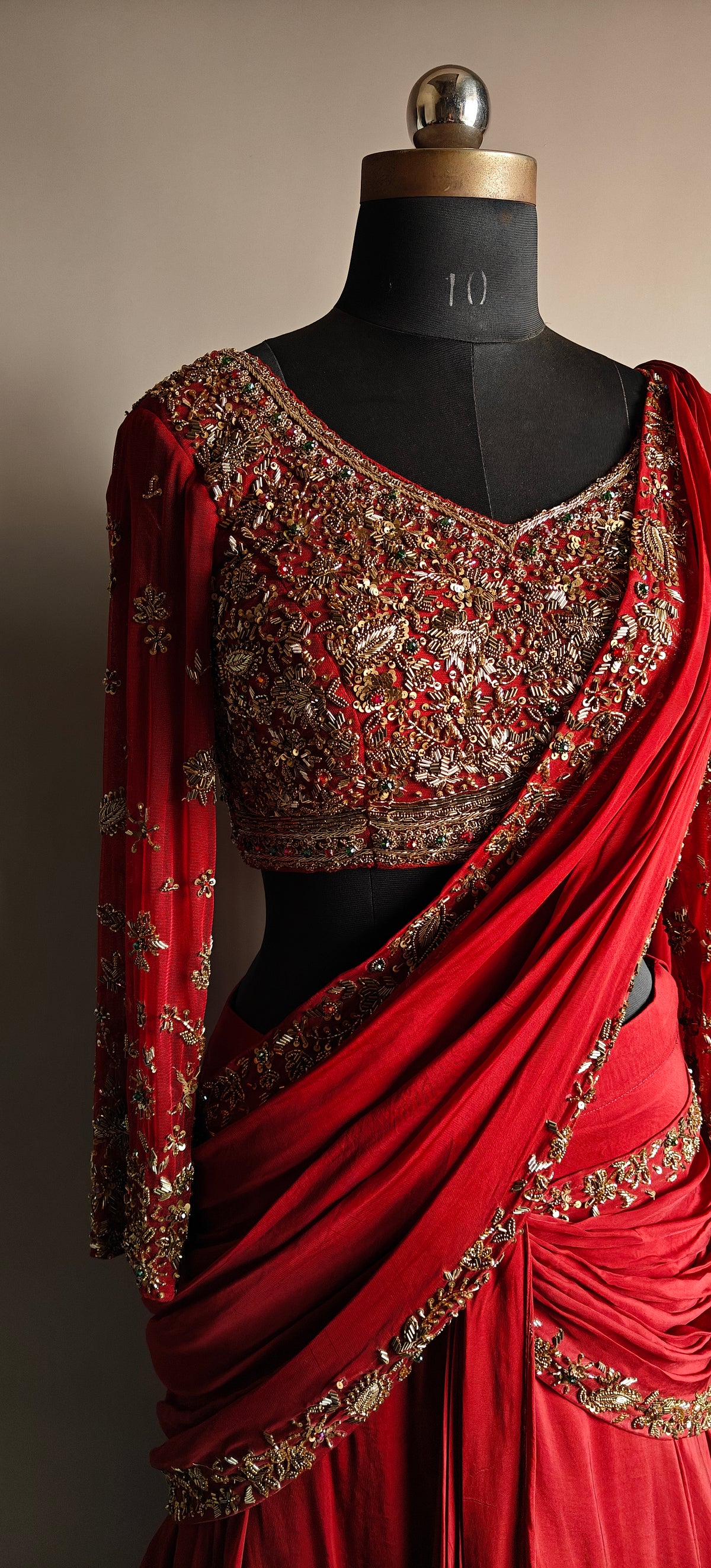 Crimson pre-draped saree