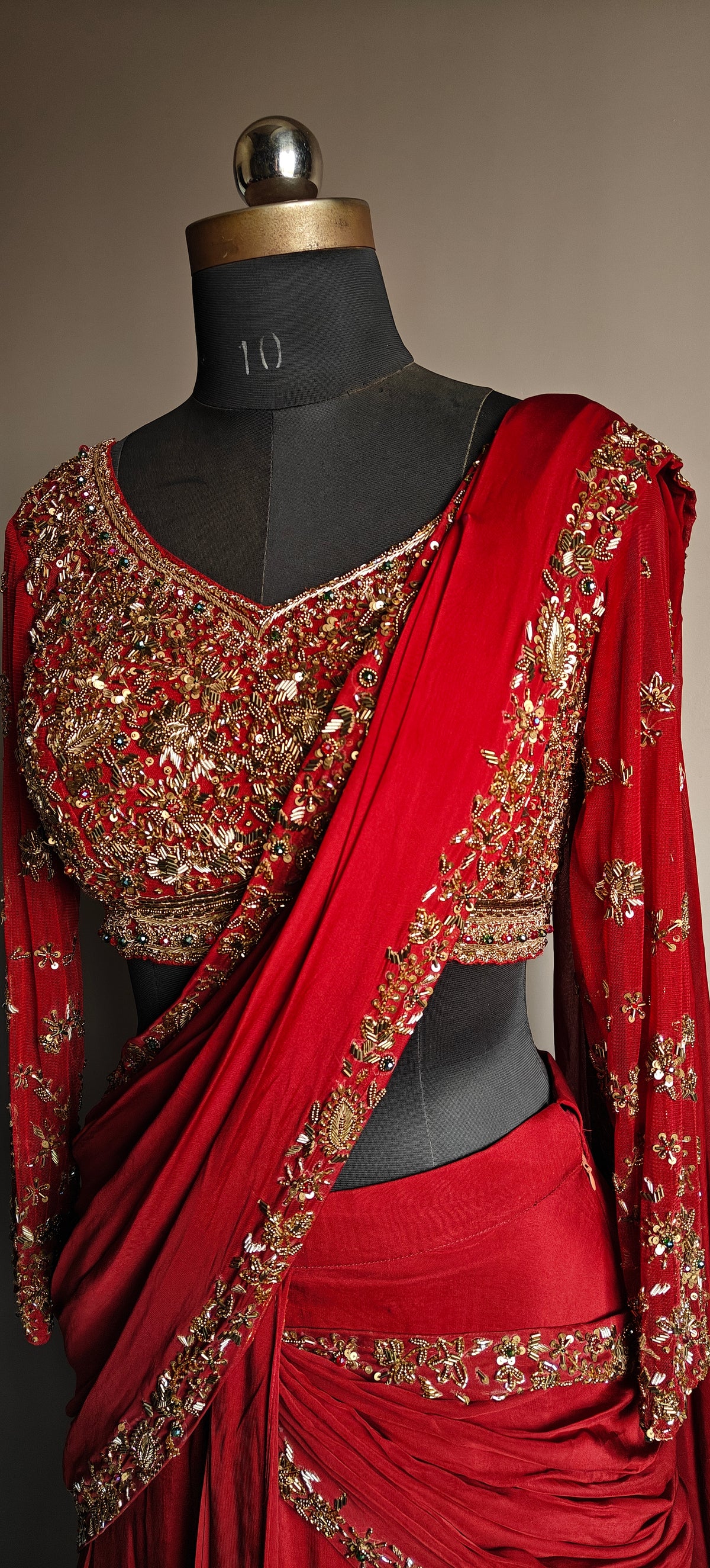 Crimson pre-draped saree
