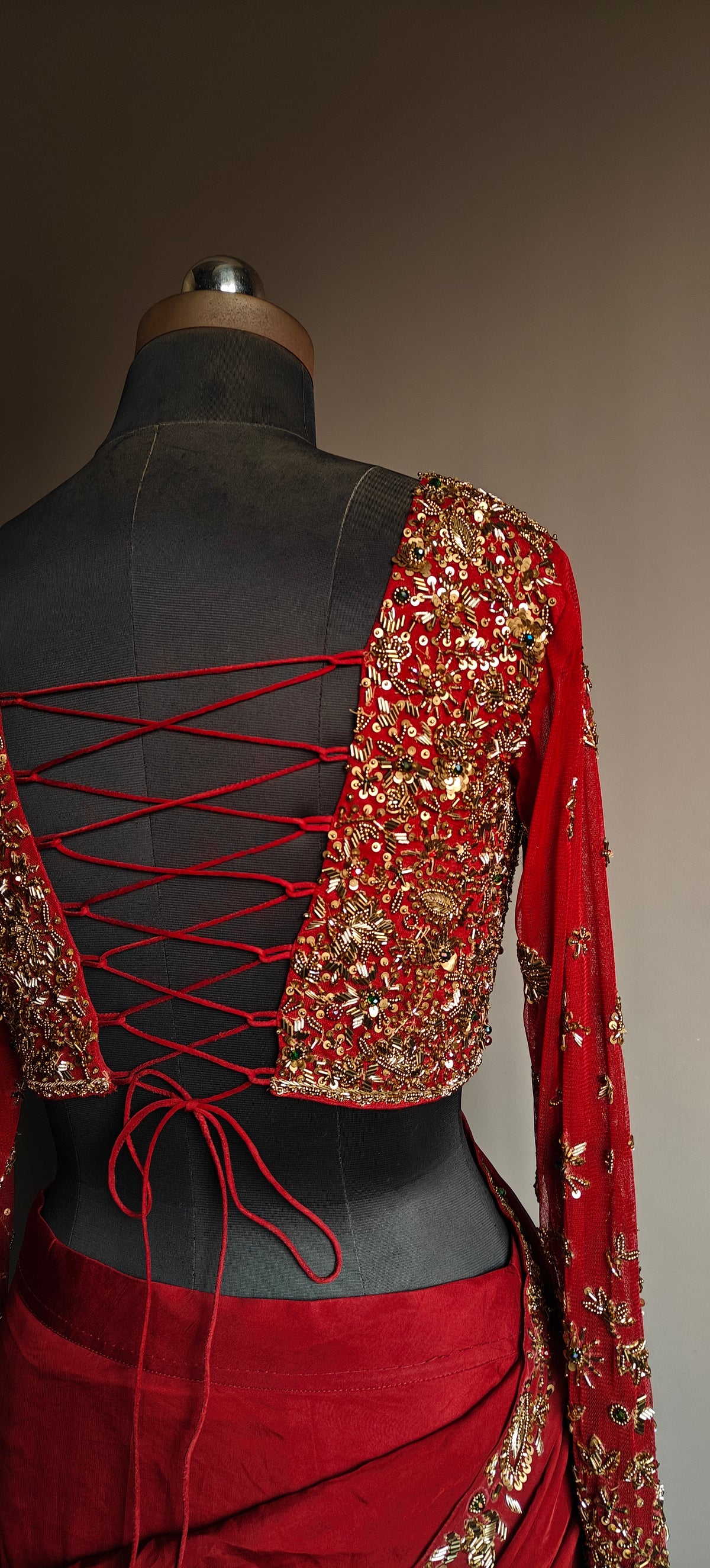 Crimson pre-draped saree