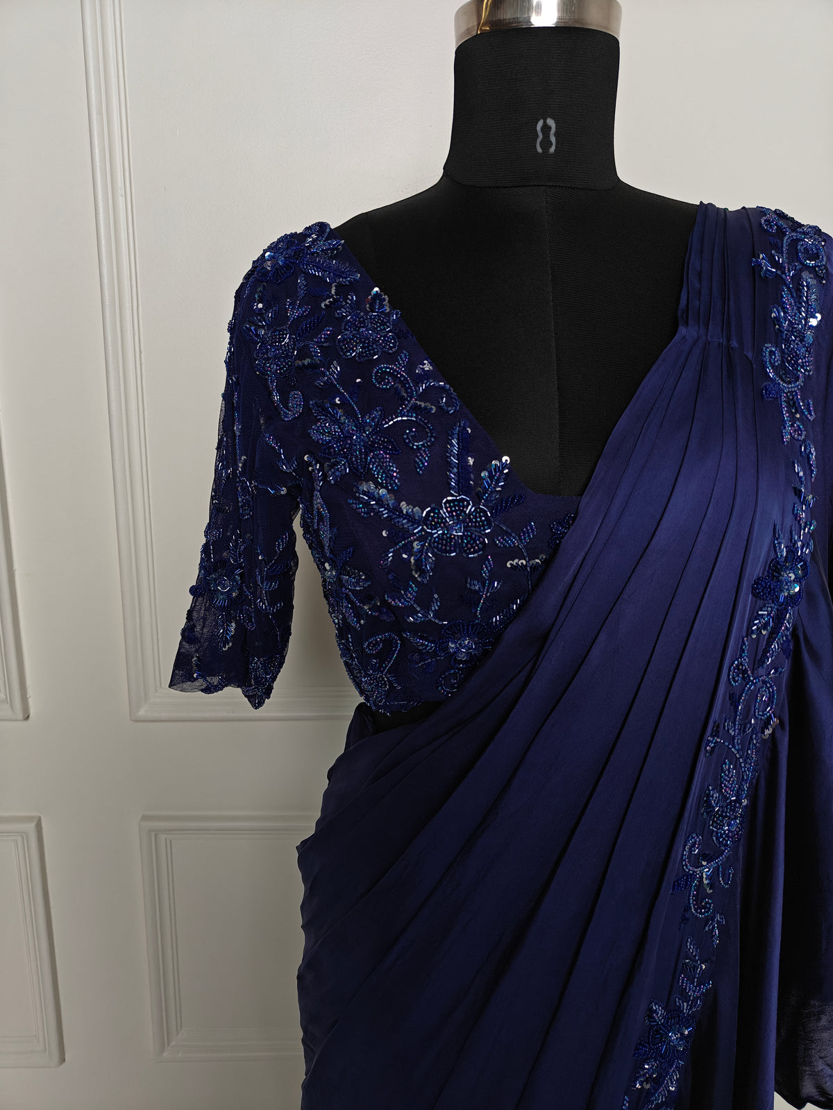 Midnight Blue Ruffle Satin Saree