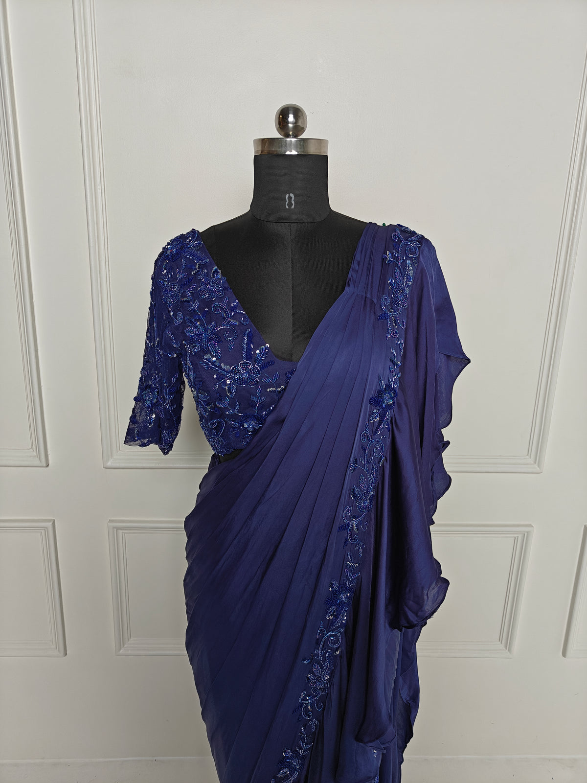 Midnight Blue Ruffle Satin Saree