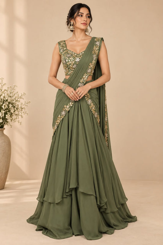 Sage Olive Green Saree-Lehenga