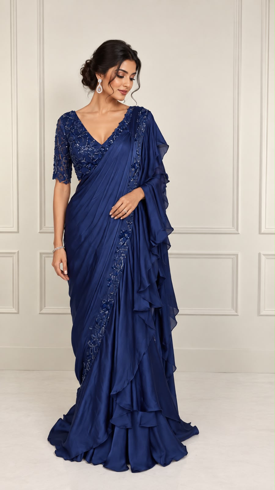 Midnight Blue Ruffle Satin Saree