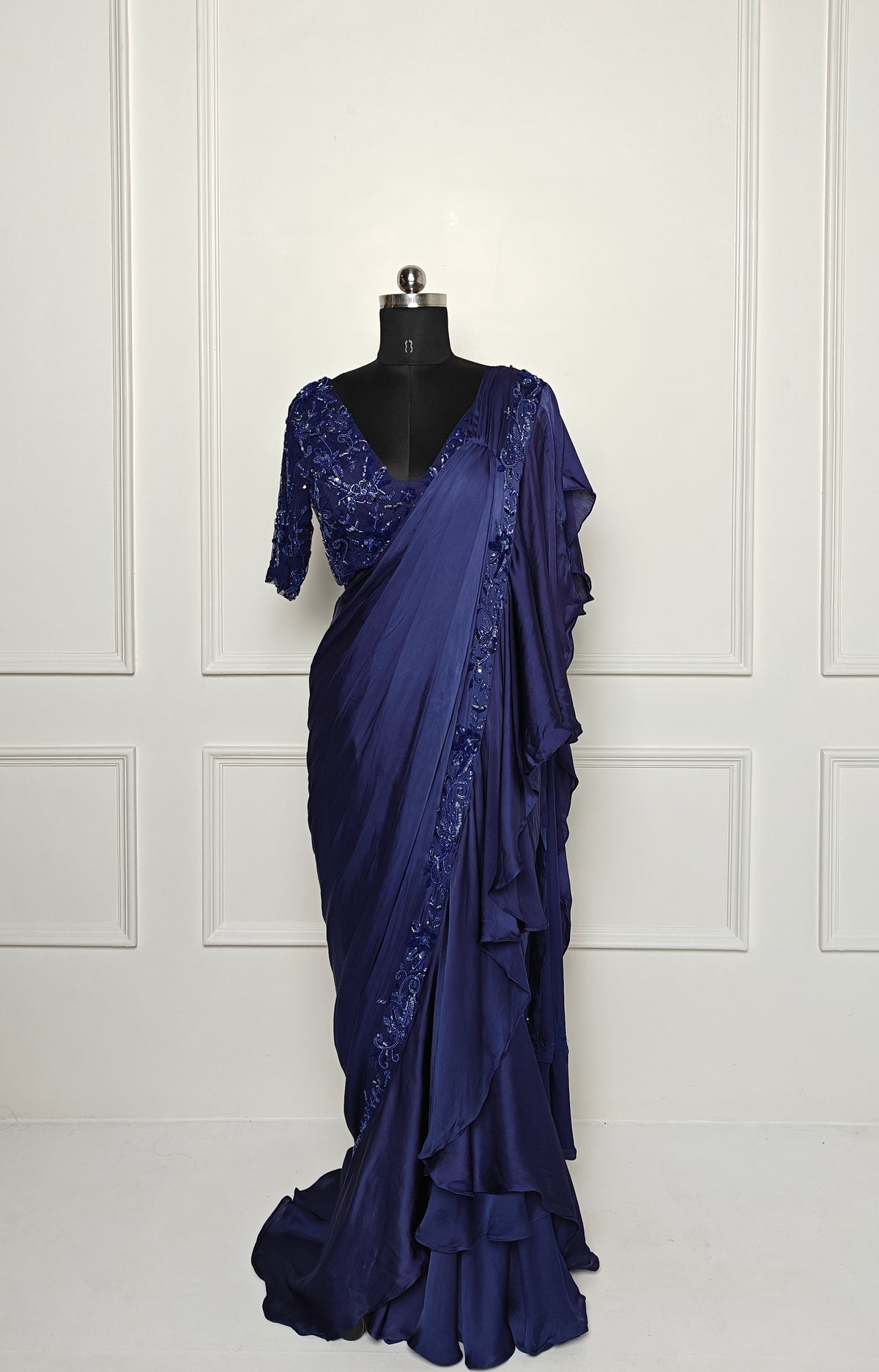 Midnight Blue Ruffle Satin Saree