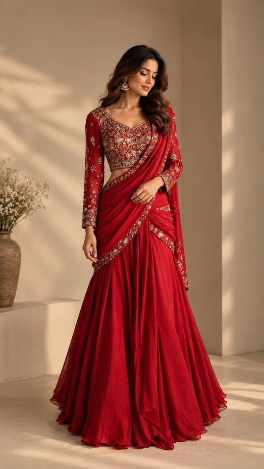 Crimson pre-draped saree